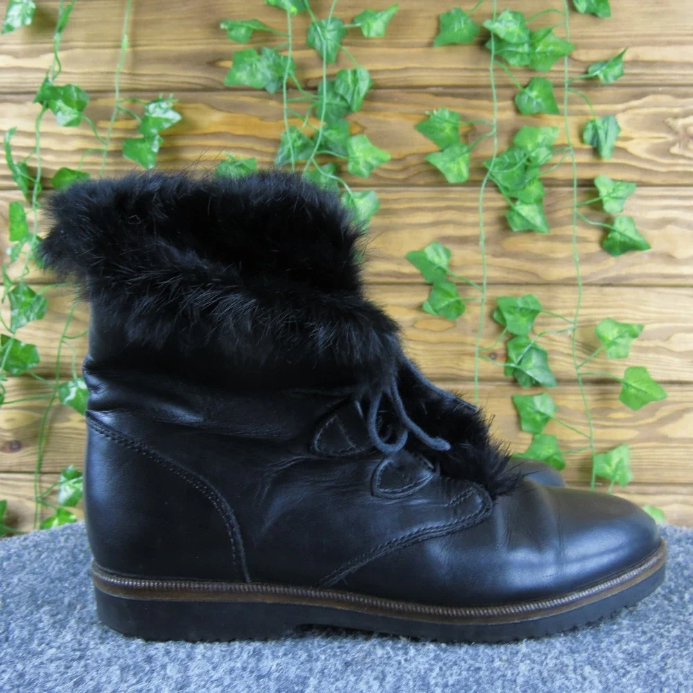 Kamouraska Canada Black Leather Fur Trim Lace Up‎ Winter Boots 7
